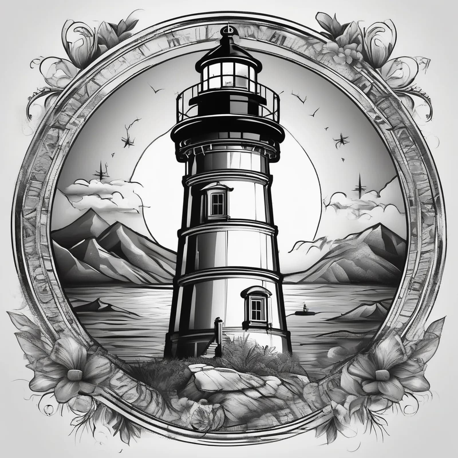 Compass And Lighthouse tattoo design, alternative version 4
