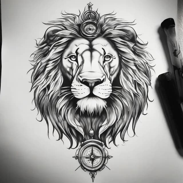 Compass And Lion tattoo design