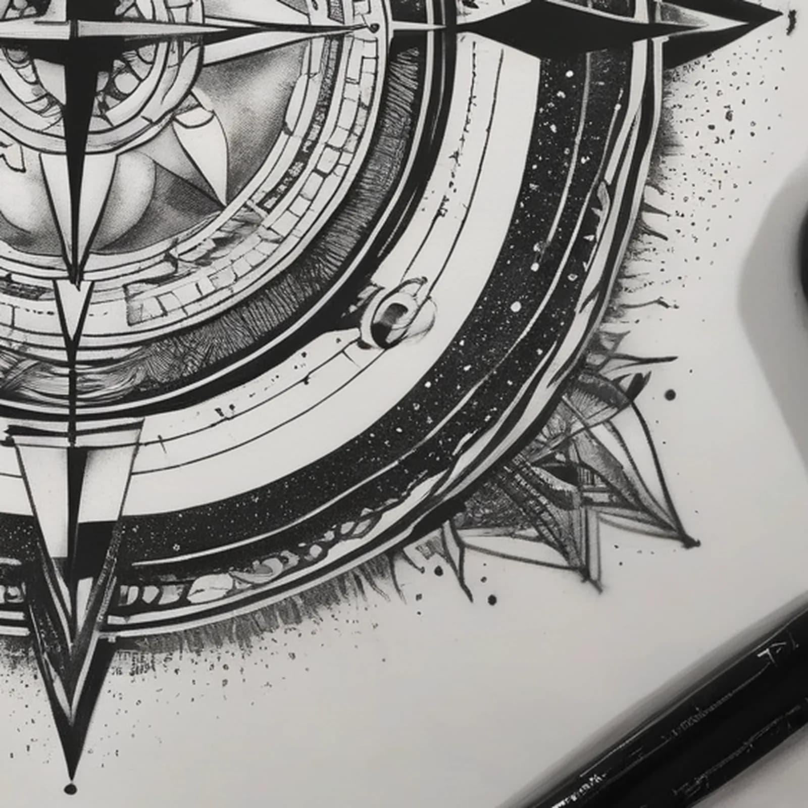 Compass And Moon Phases tattoo design, close-up detail