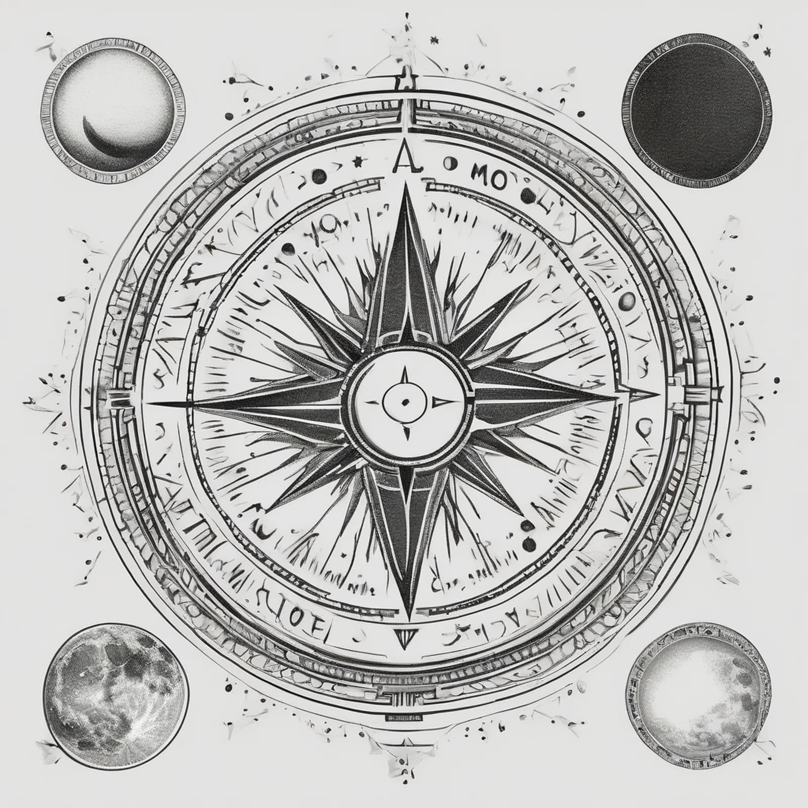 Compass And Moon Phases tattoo design, alternative version 3