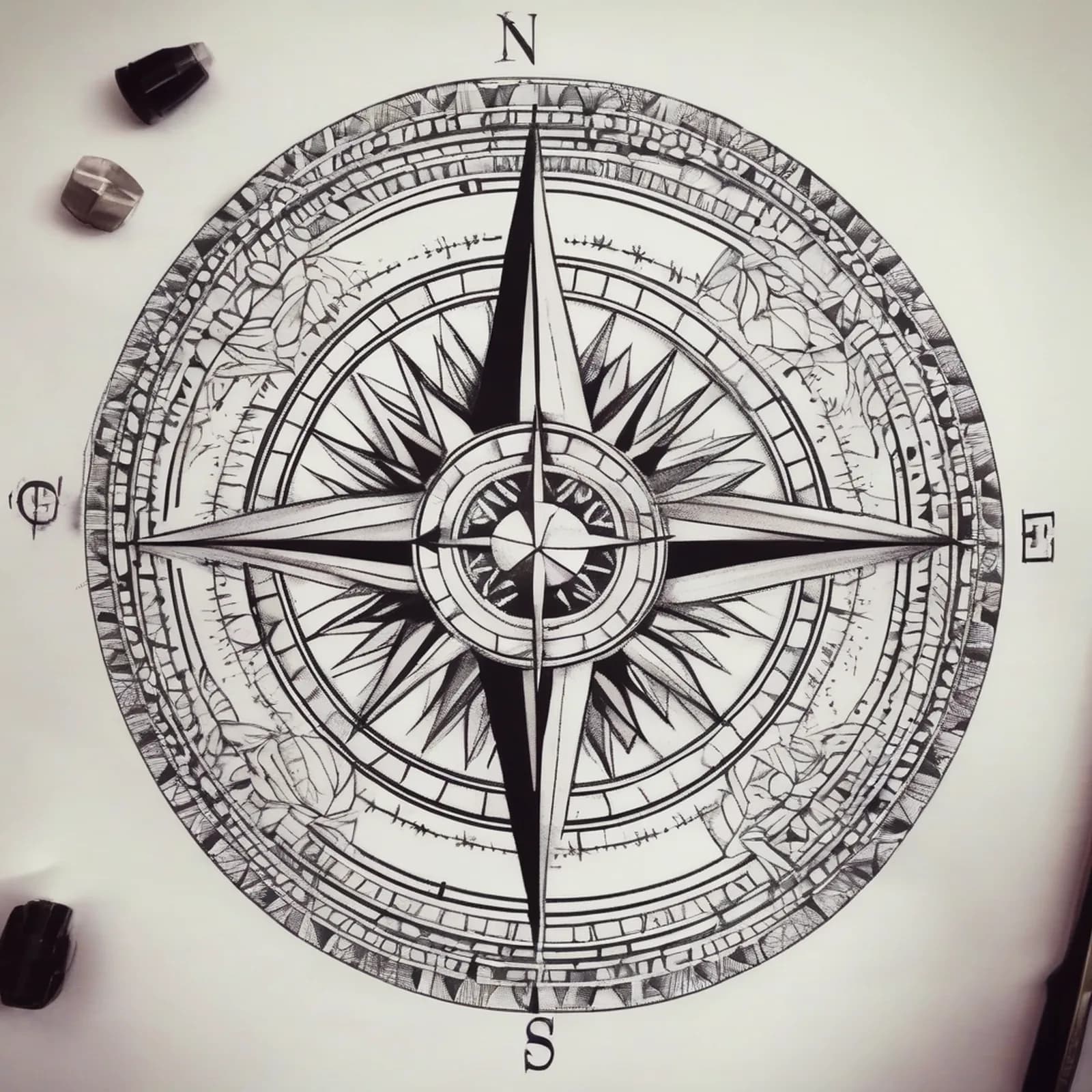 Compass And Moon Phases tattoo design, alternative version 4