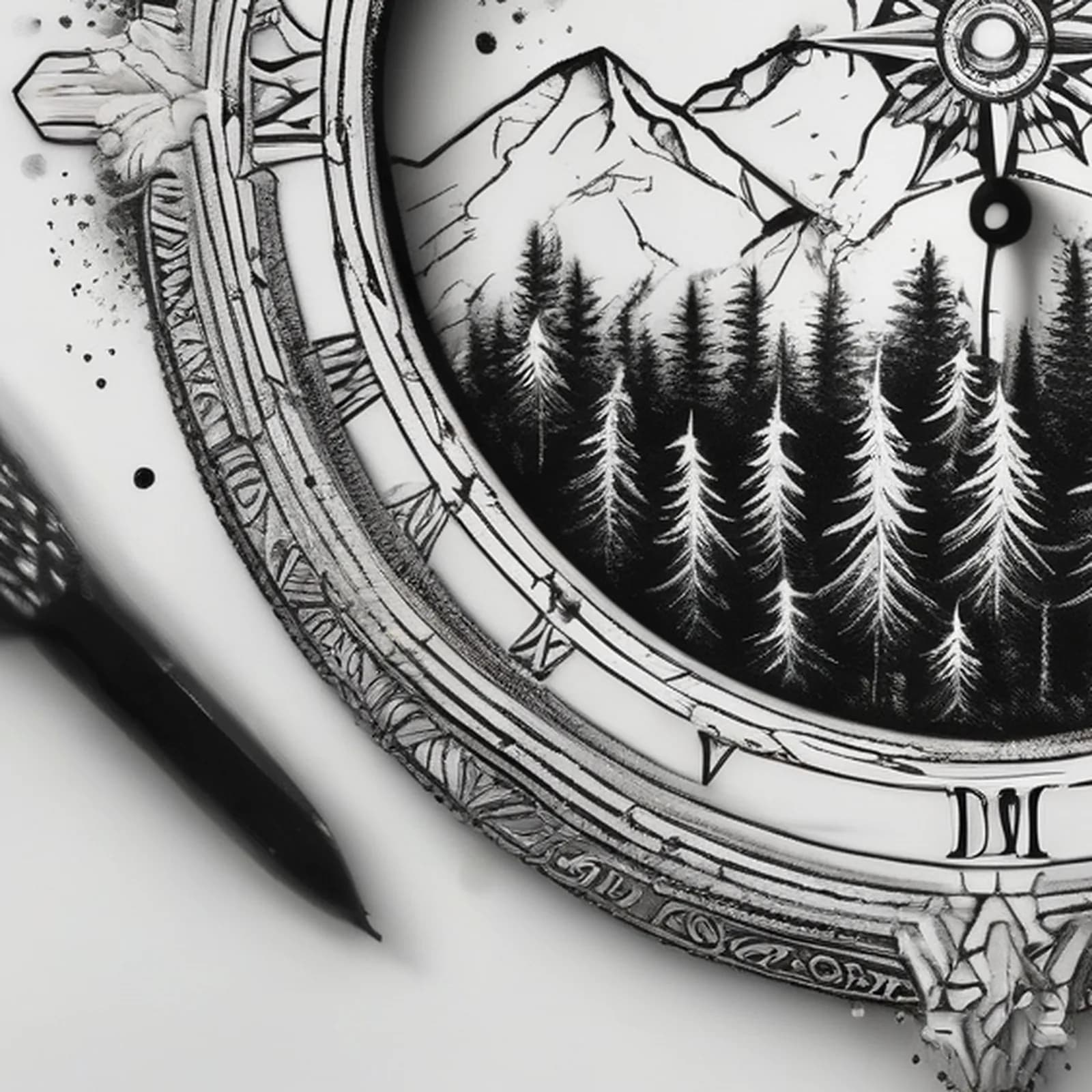 Compass And Mountains tattoo design, close-up detail