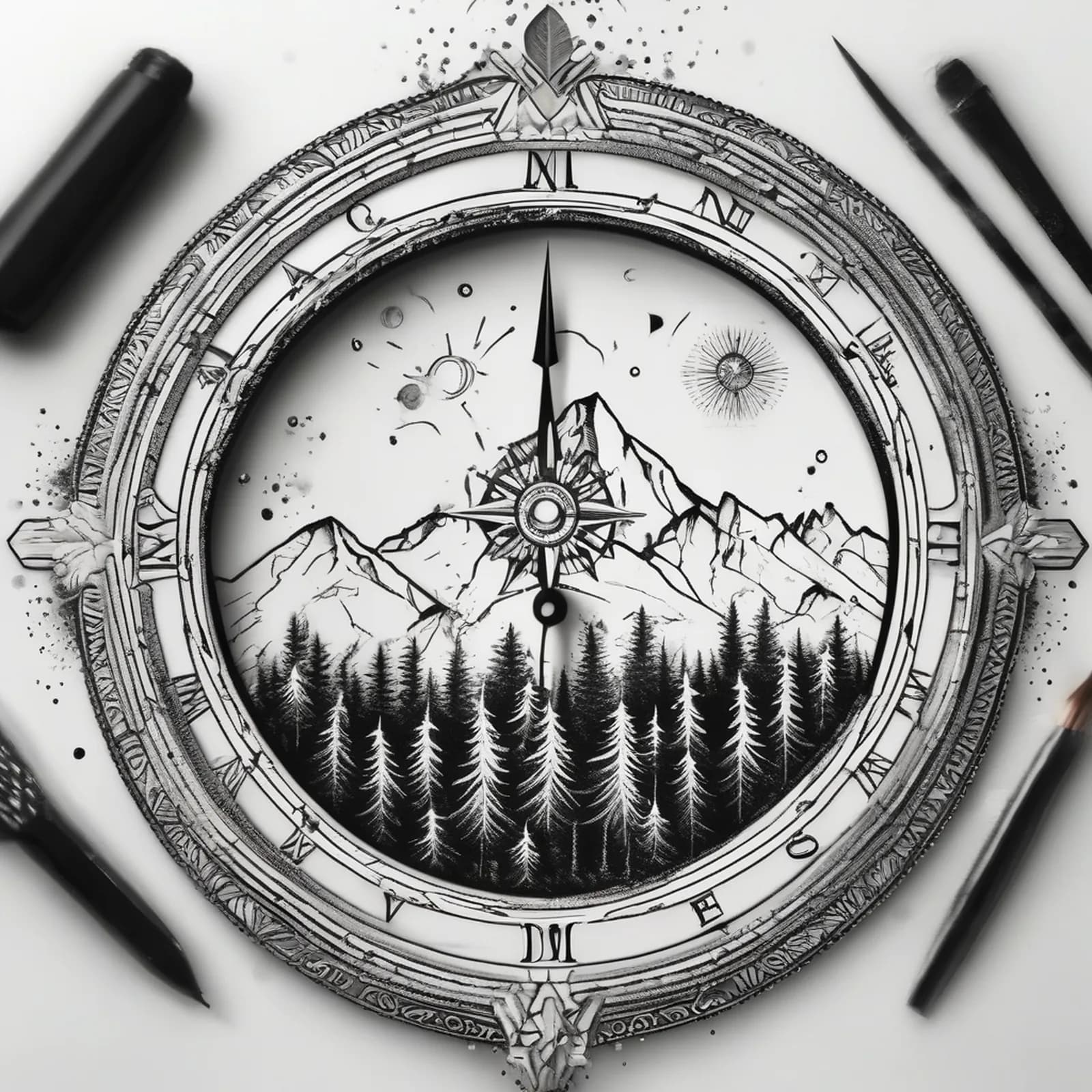 Compass And Mountains tattoo design