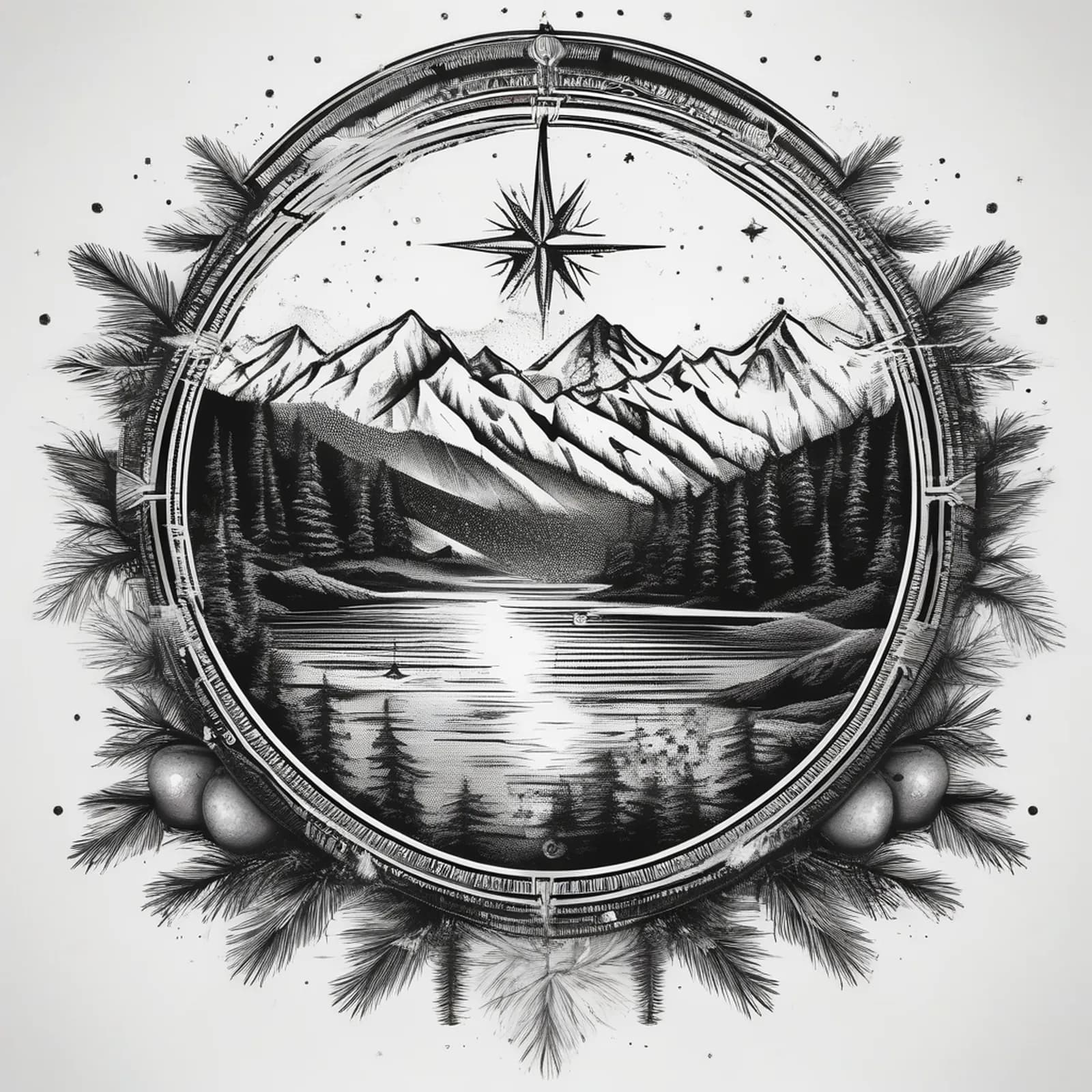 Compass And Mountains tattoo design, alternative version 2