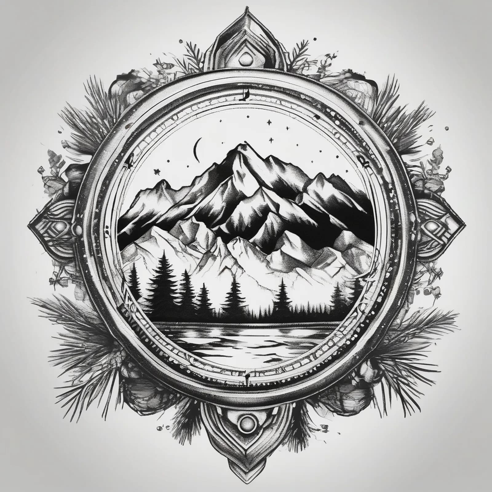 Compass And Mountains tattoo design, alternative version 3