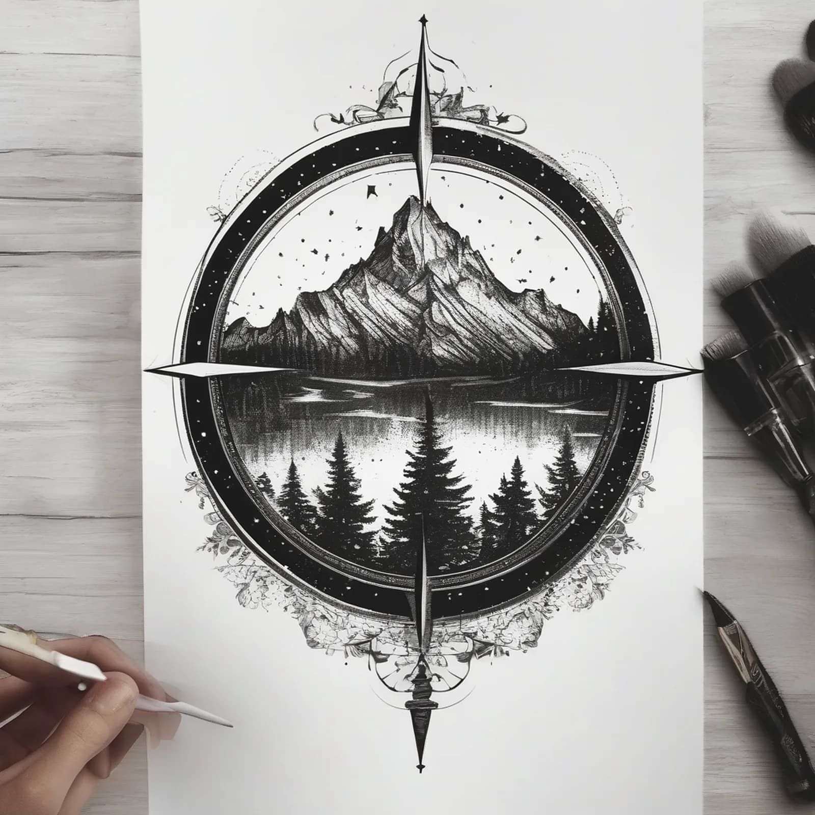 Compass And Mountains tattoo design, alternative version 4