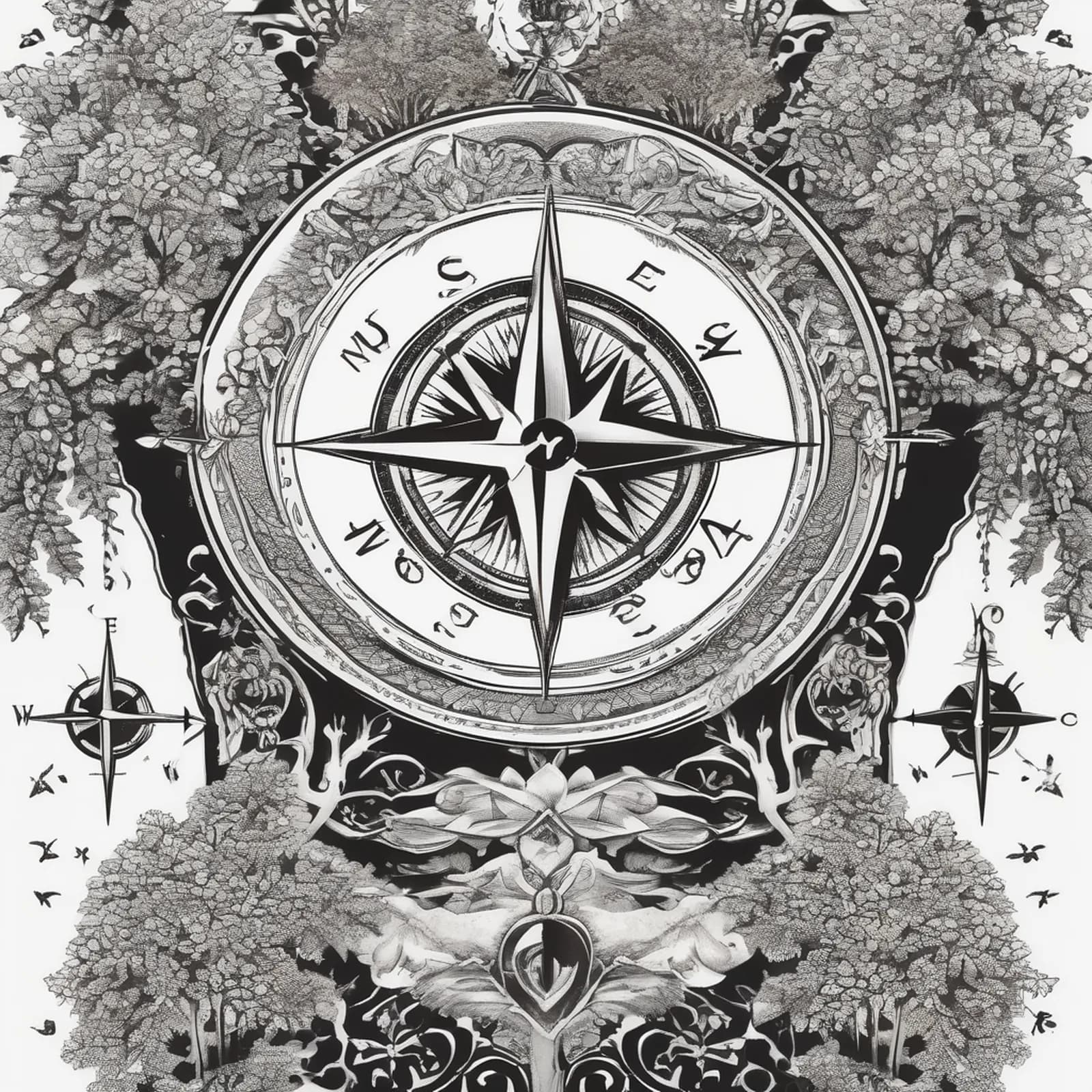 Compass And Oak Tree tattoo design, alternative version 3