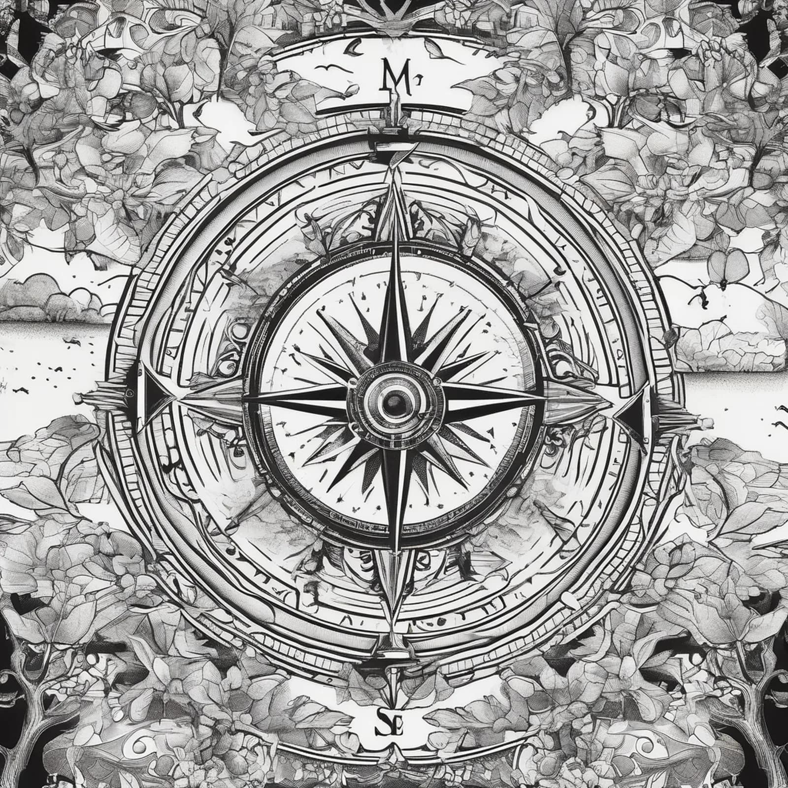 Compass And Oak Tree tattoo design, alternative version 4