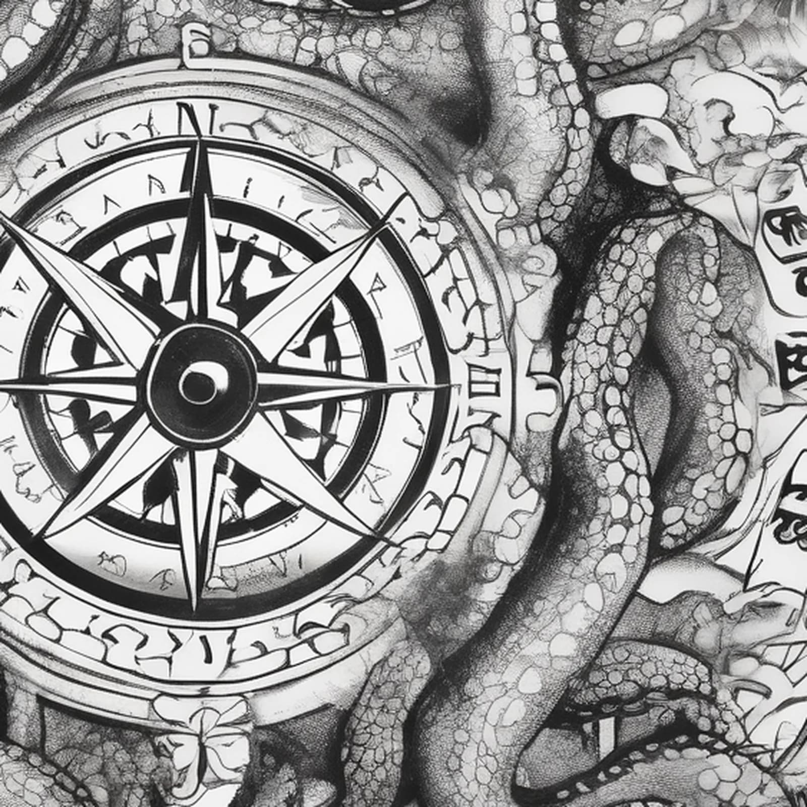 Compass And Octopus tattoo design, close-up detail