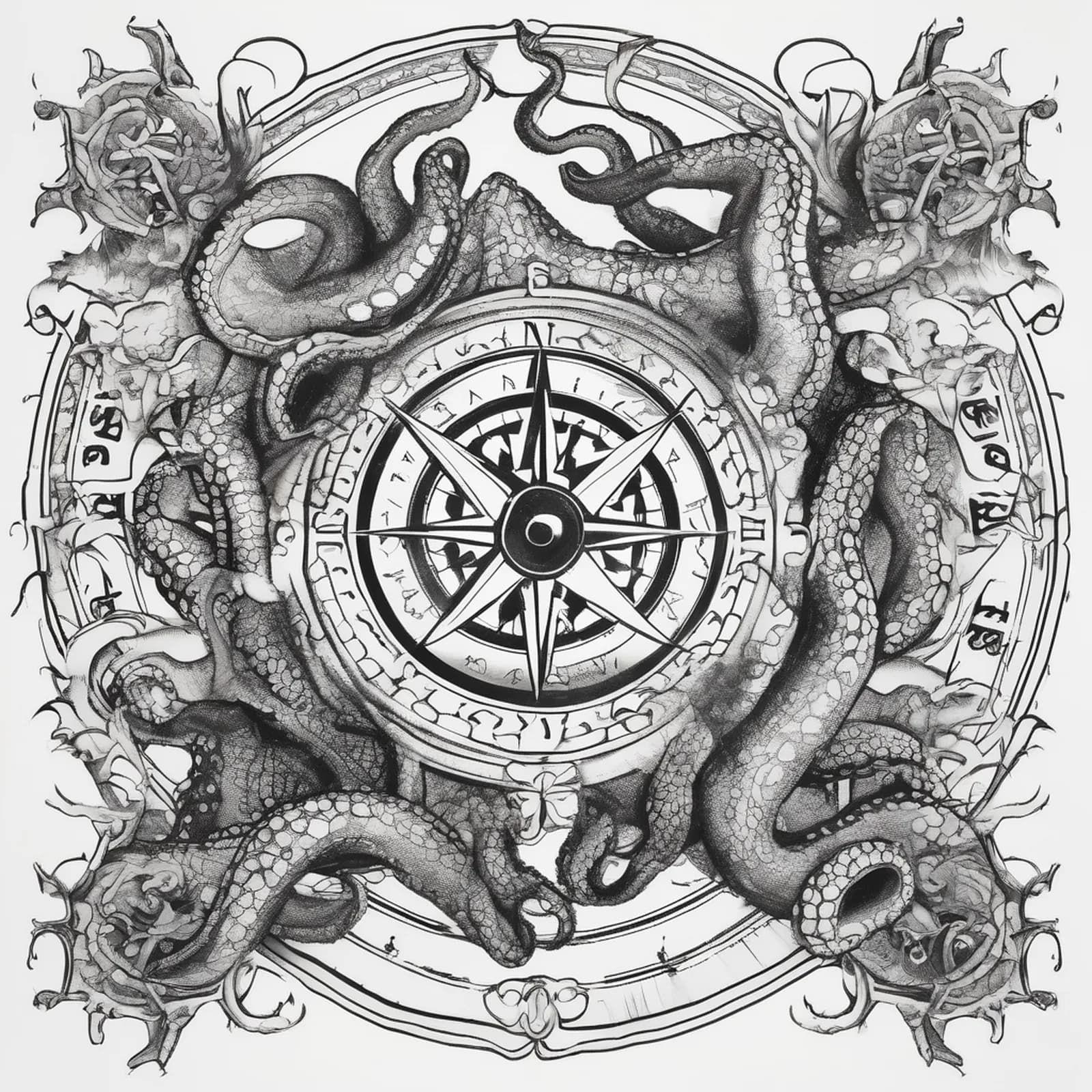 Compass And Octopus tattoo design