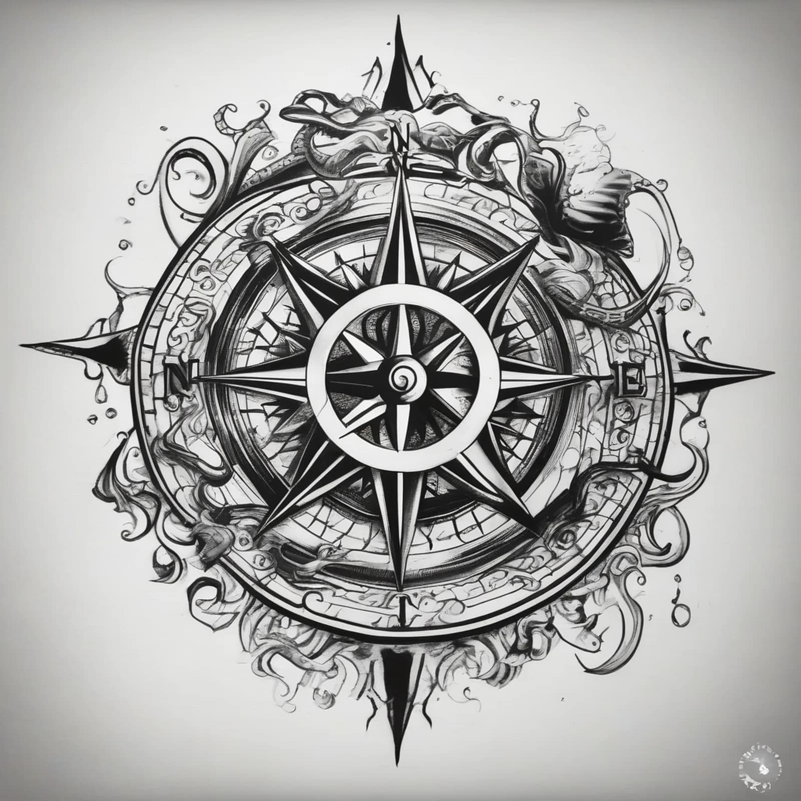 Compass And Octopus tattoo design, alternative version 2
