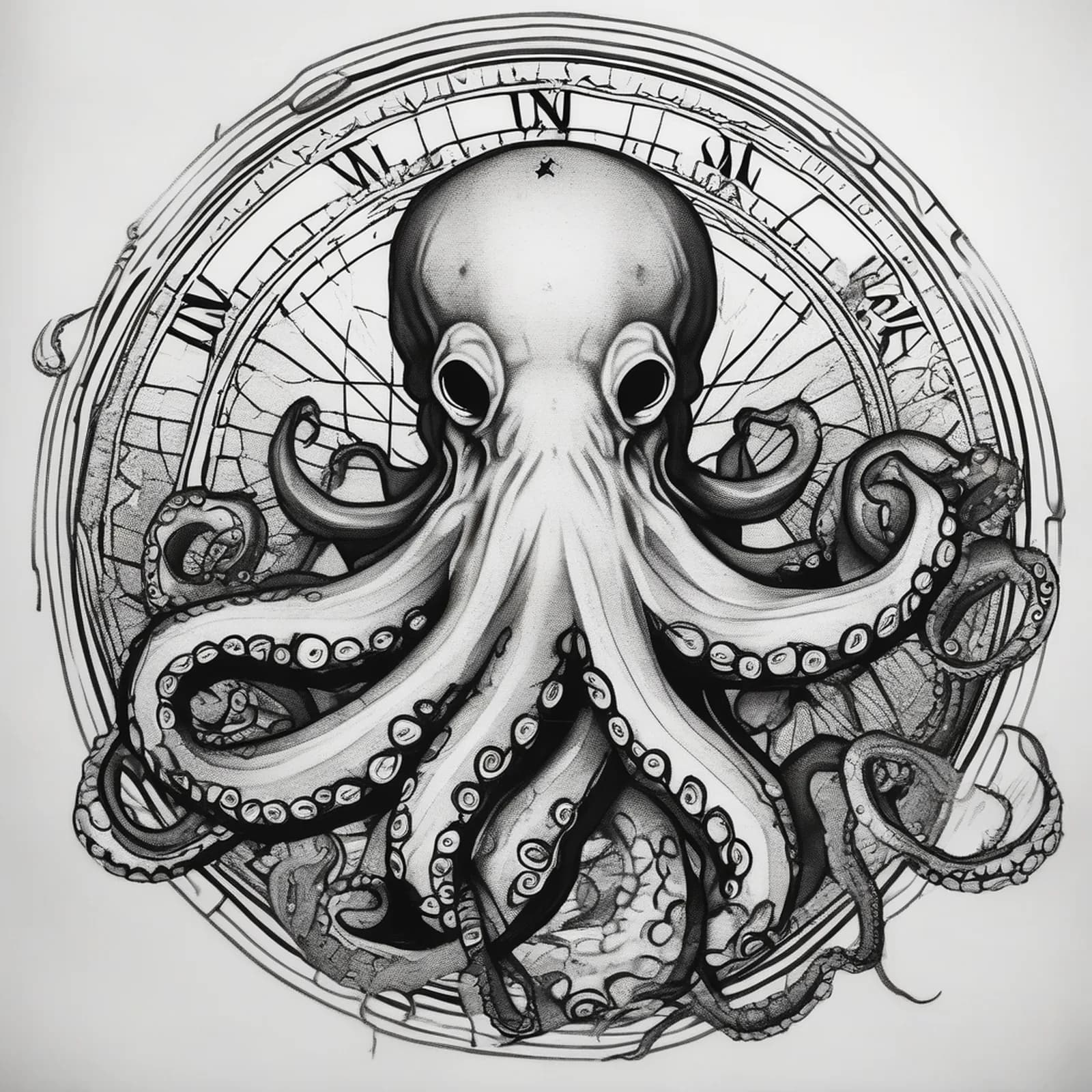 Compass And Octopus tattoo design, alternative version 3