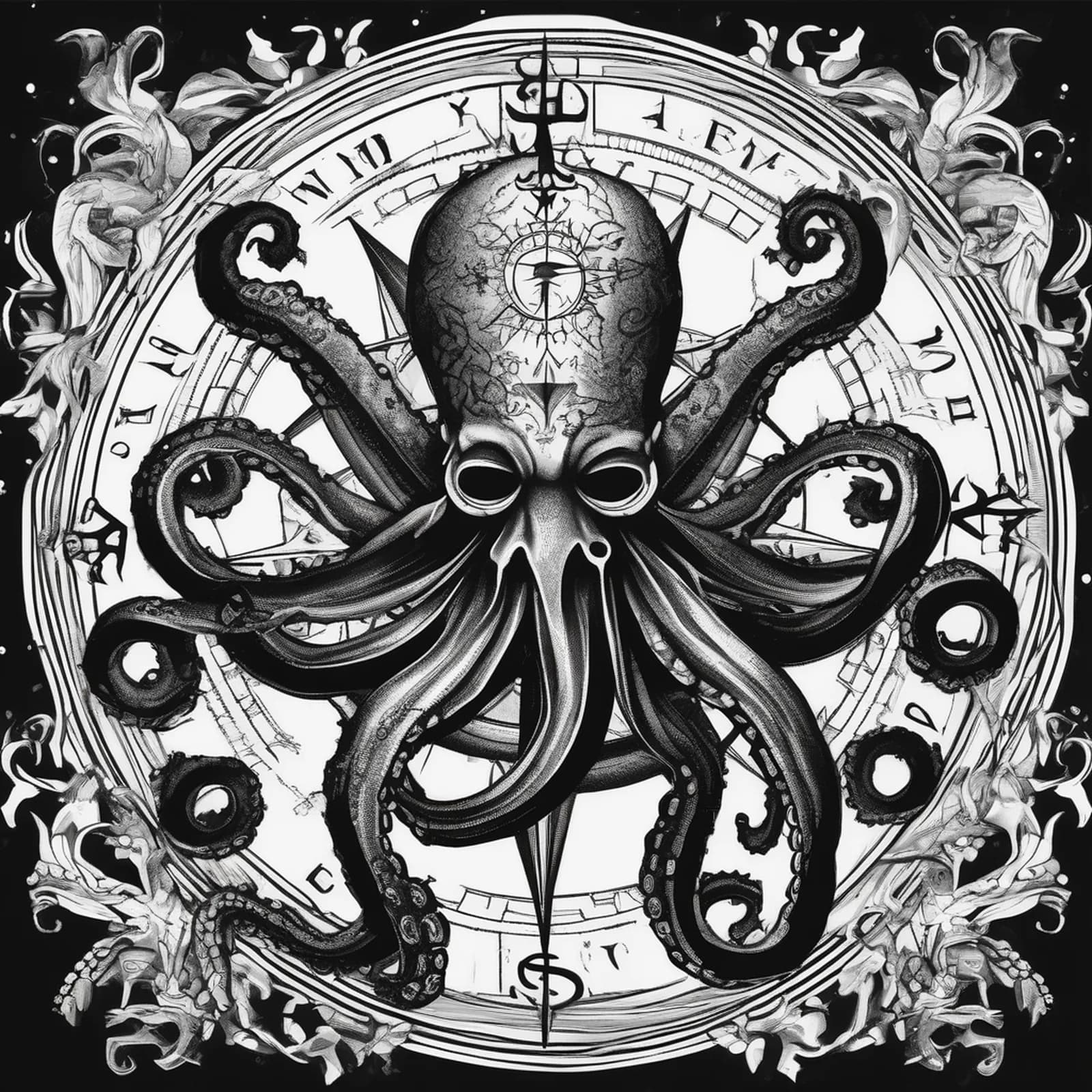 Compass And Octopus tattoo design, alternative version 4