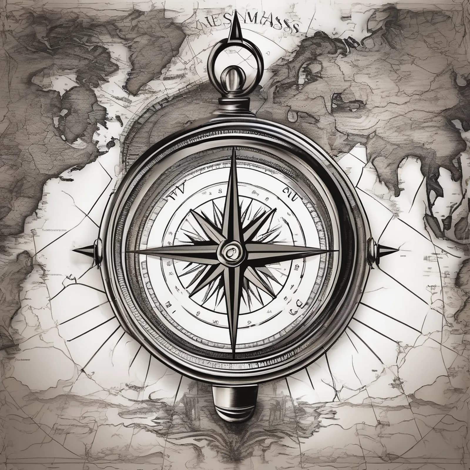 Compass And Old Map tattoo design, alternative version 3