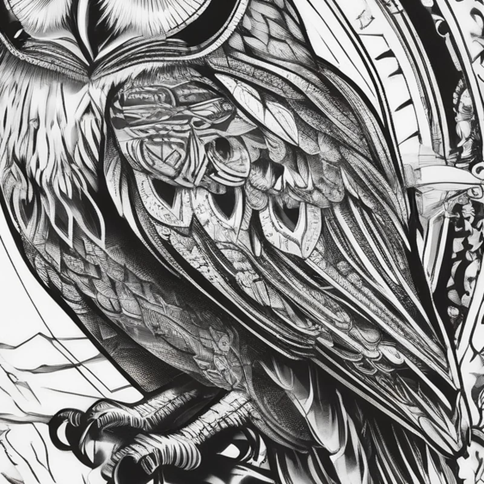 Compass And Owl tattoo design, close-up detail