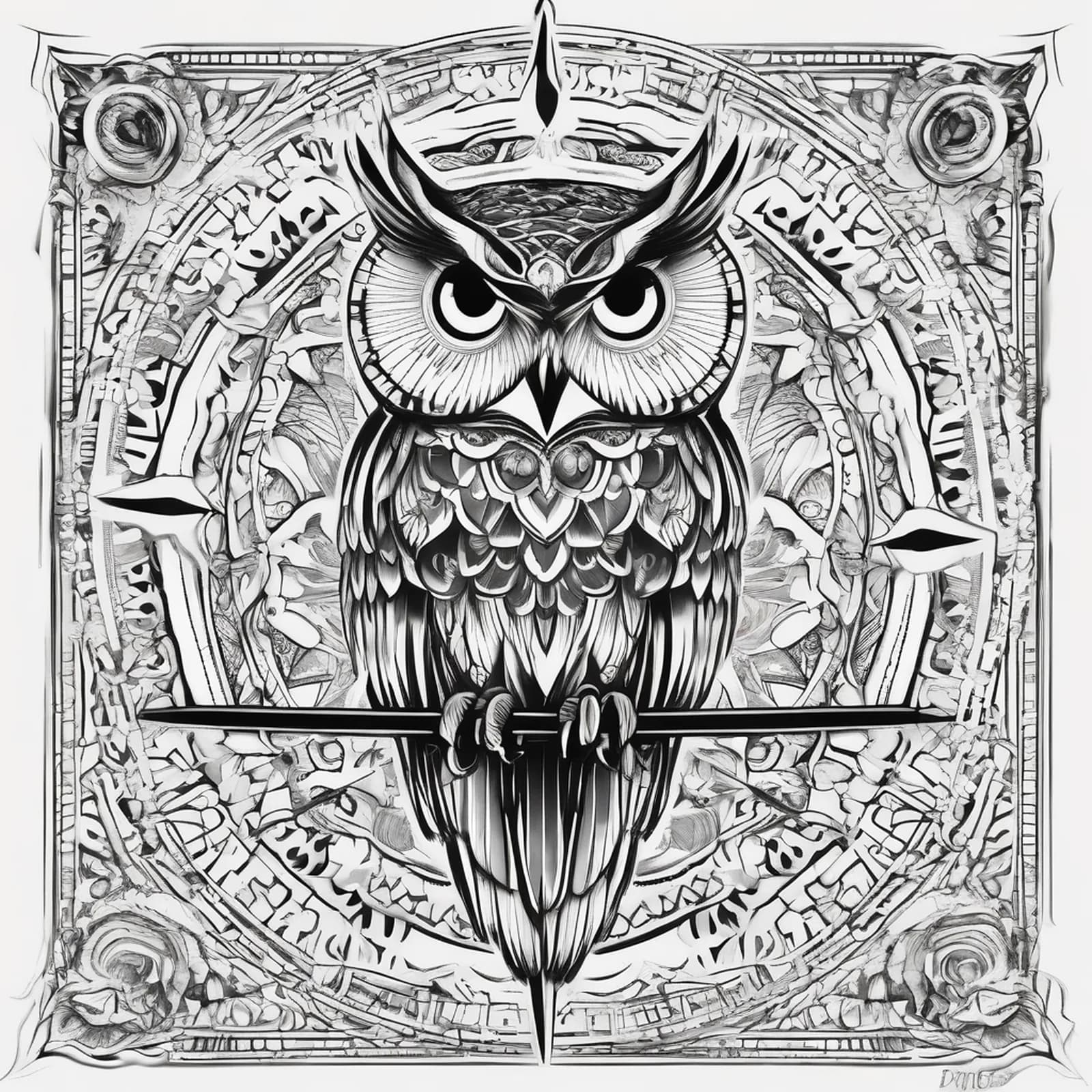 Compass And Owl tattoo design, alternative version 2