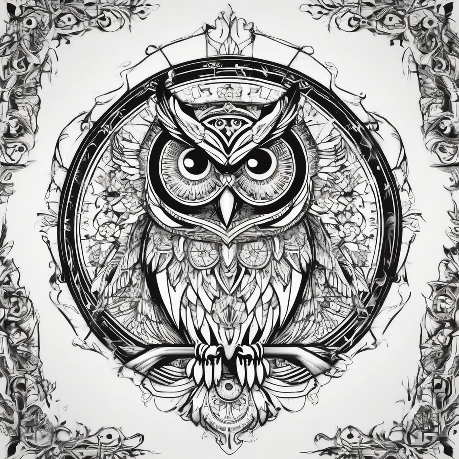 Compass And Owl tattoo design, alternative version 3
