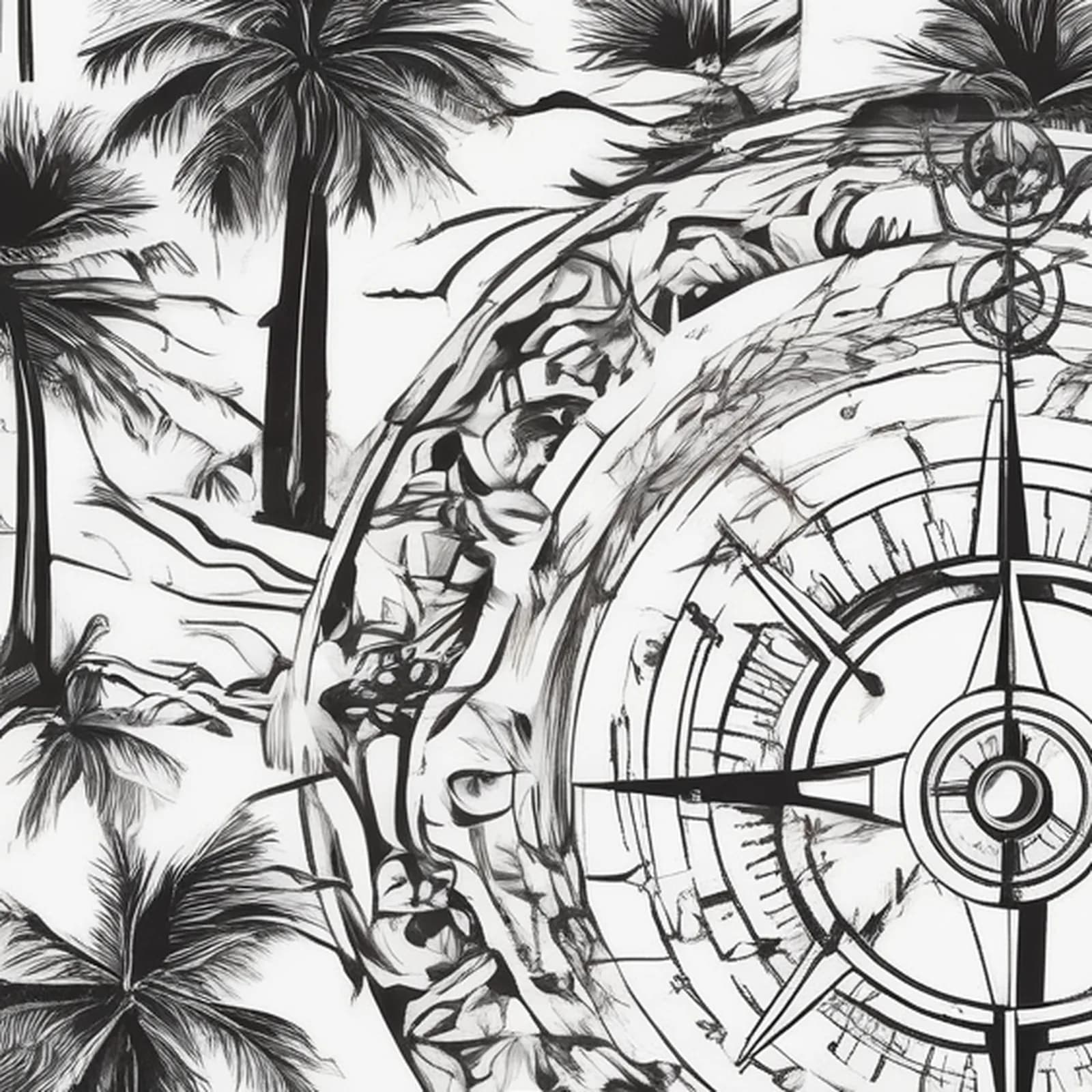 Compass And Palm Trees tattoo design, close-up detail