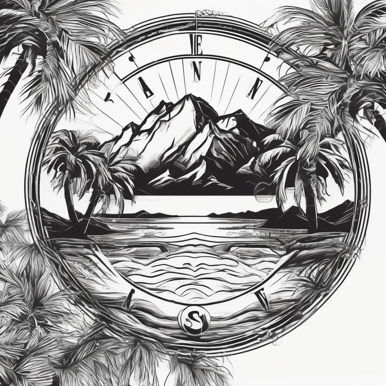 Compass And Palm Trees tattoo design, alternative version 3