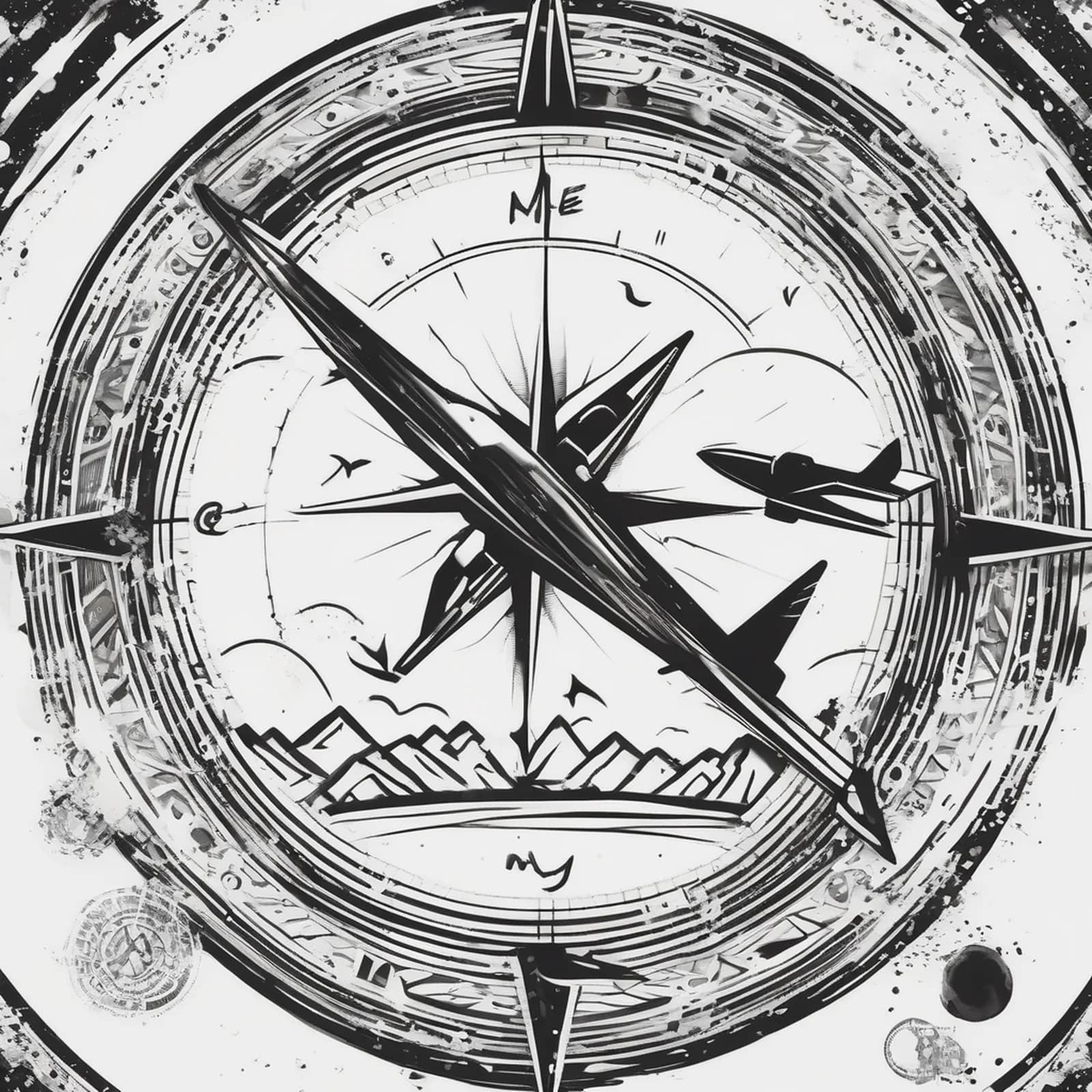 Compass And Paper Plane tattoo design, alternative version 2
