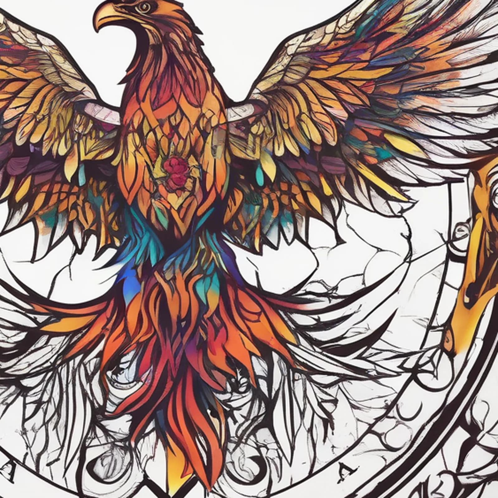 Compass And Phoenix tattoo design, close-up detail