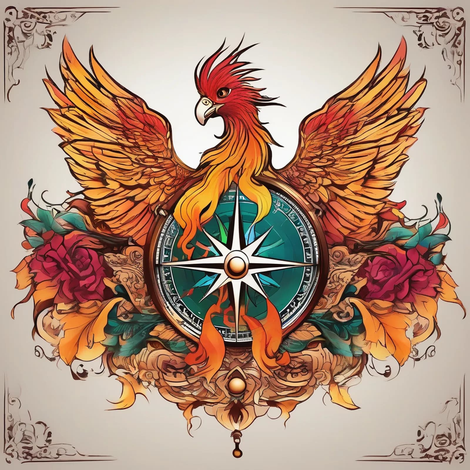 Compass And Phoenix tattoo design, alternative version 2
