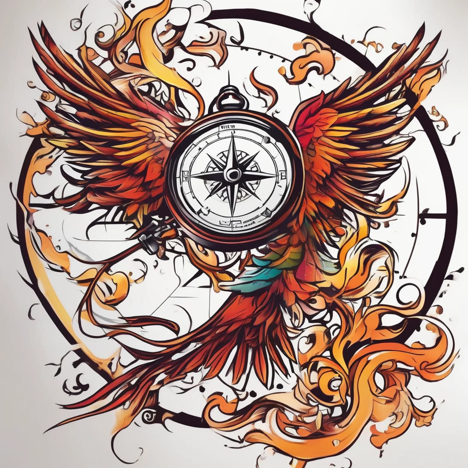 Compass And Phoenix tattoo design, alternative version 3