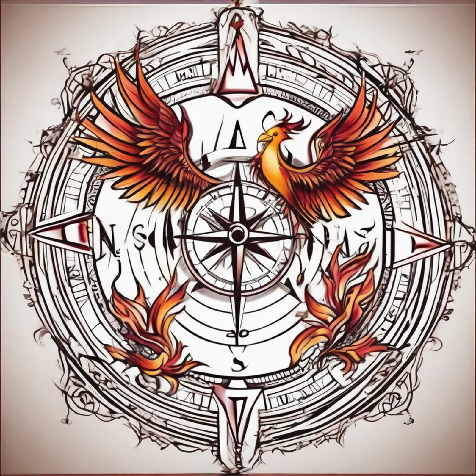 Compass And Phoenix tattoo design, alternative version 4