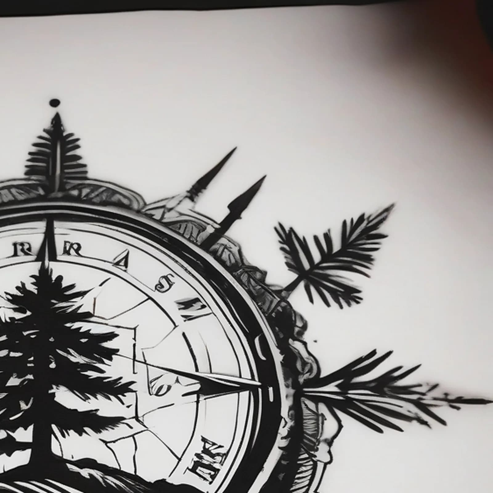 Compass And Pine Tree tattoo design, close-up detail