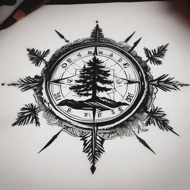 Compass And Pine Tree tattoo design