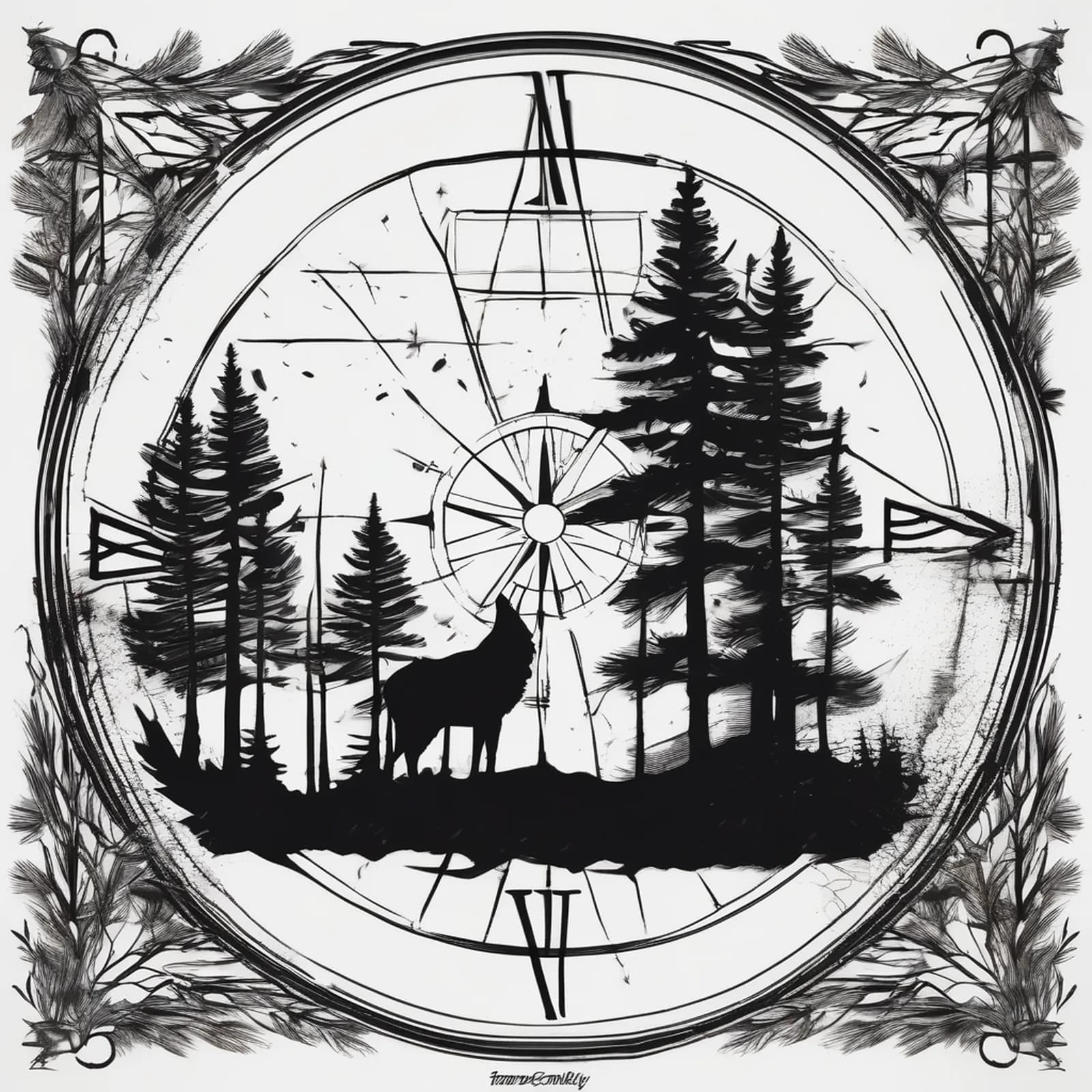 Compass And Pine Tree tattoo design, alternative version 2