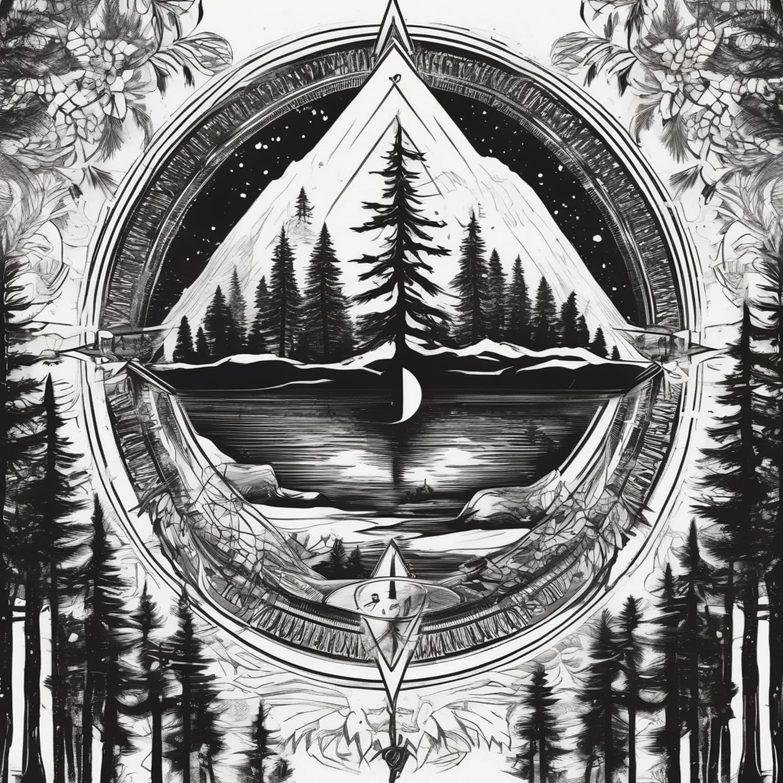Compass And Pine Tree tattoo design, alternative version 3