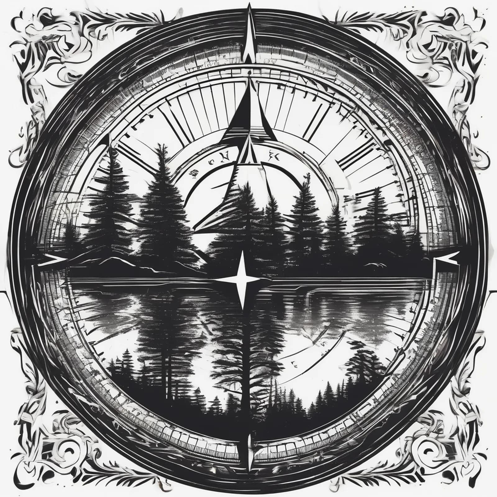 Compass And Pine Tree tattoo design, alternative version 4