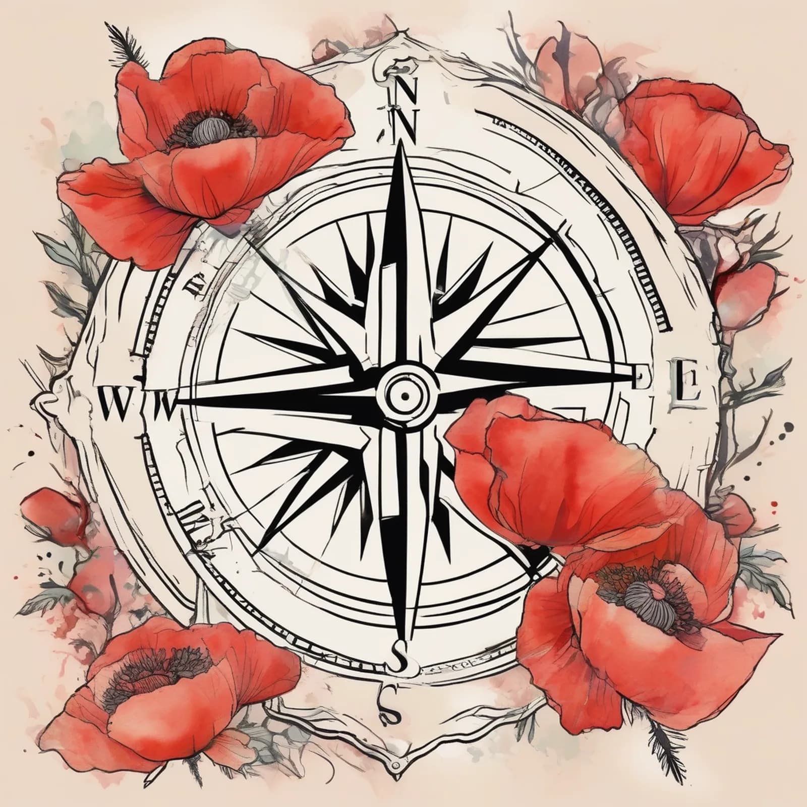 Compass And Poppy tattoo design