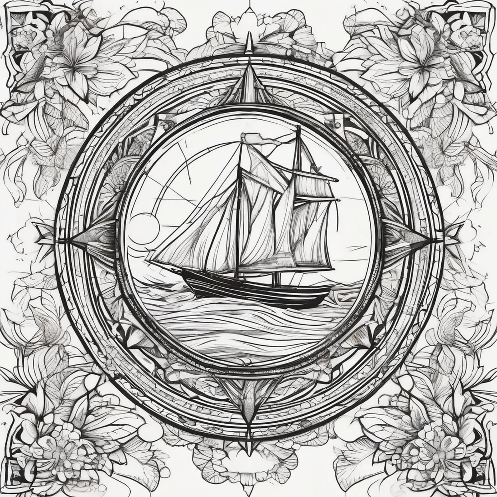 Compass And Sailboat tattoo design, alternative version 3