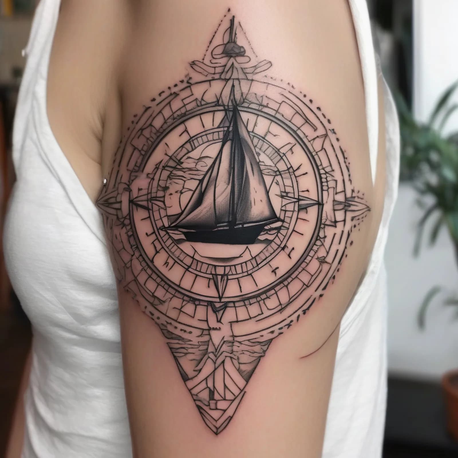 Compass And Sailboat tattoo design, alternative version 4