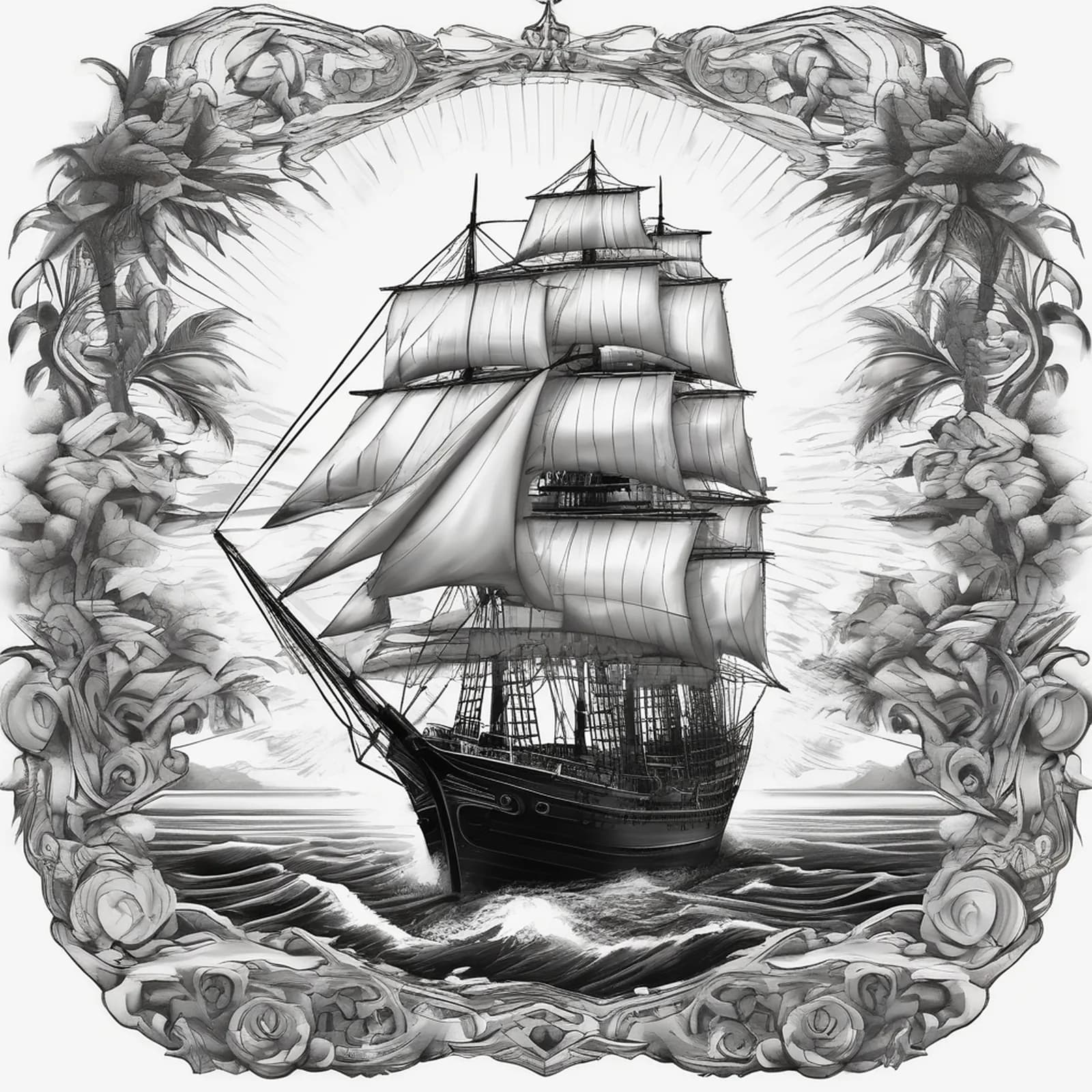 Compass And Sailing Ship tattoo design