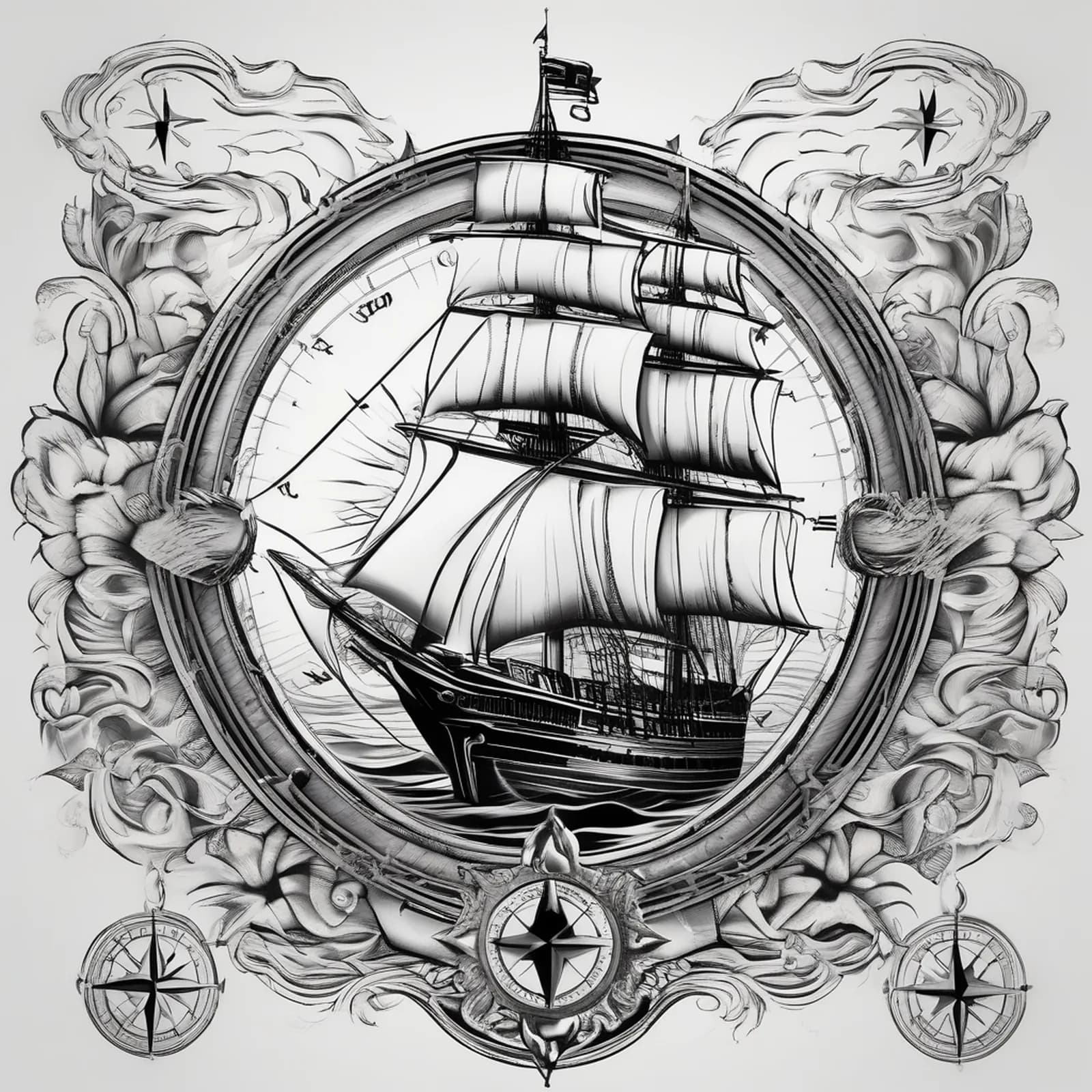 Compass And Sailing Ship tattoo design, alternative version 3