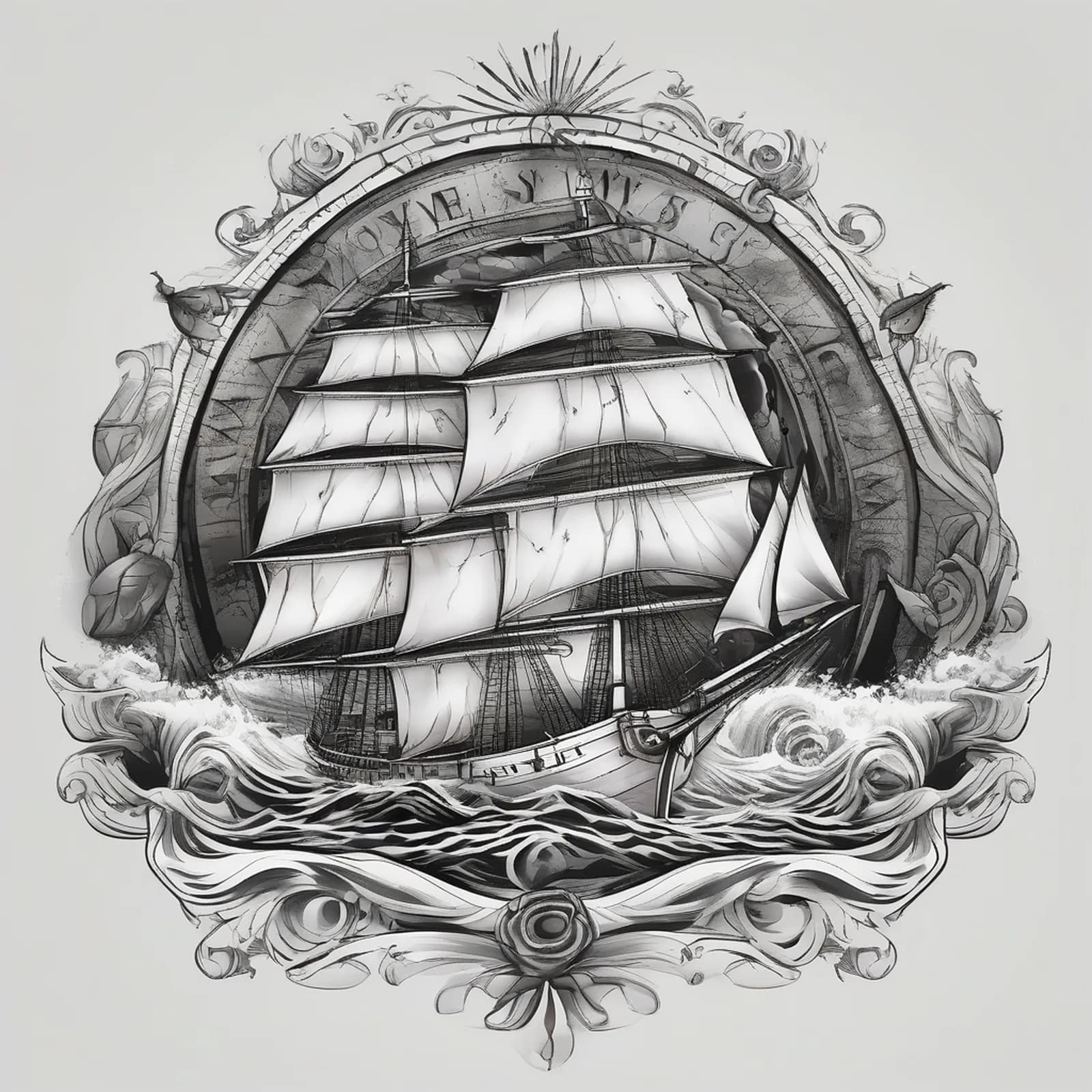 Compass And Sailing Ship tattoo design, alternative version 4