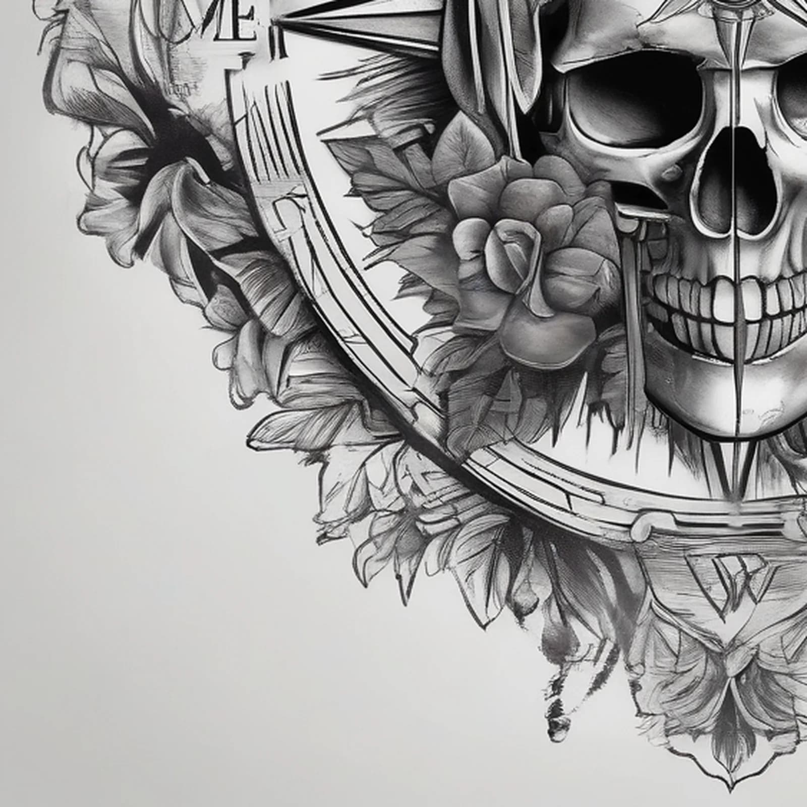 Compass And Skull tattoo design, close-up detail