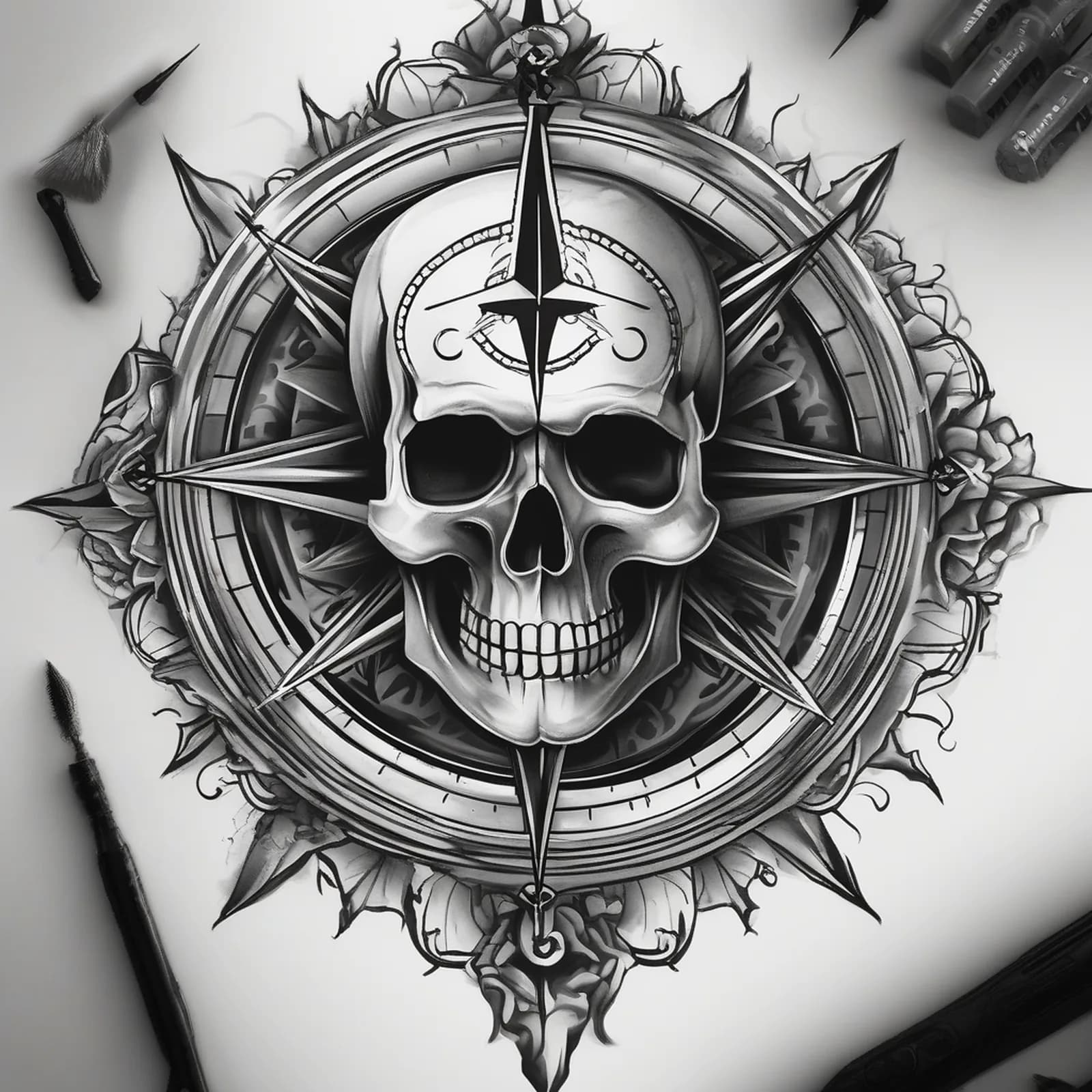 Compass And Skull tattoo design, alternative version 2