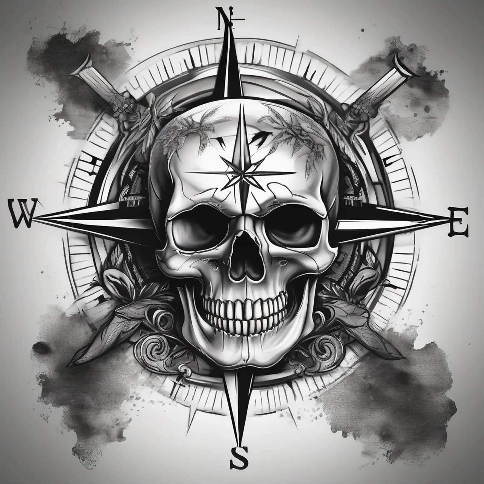 Compass And Skull tattoo design, alternative version 3