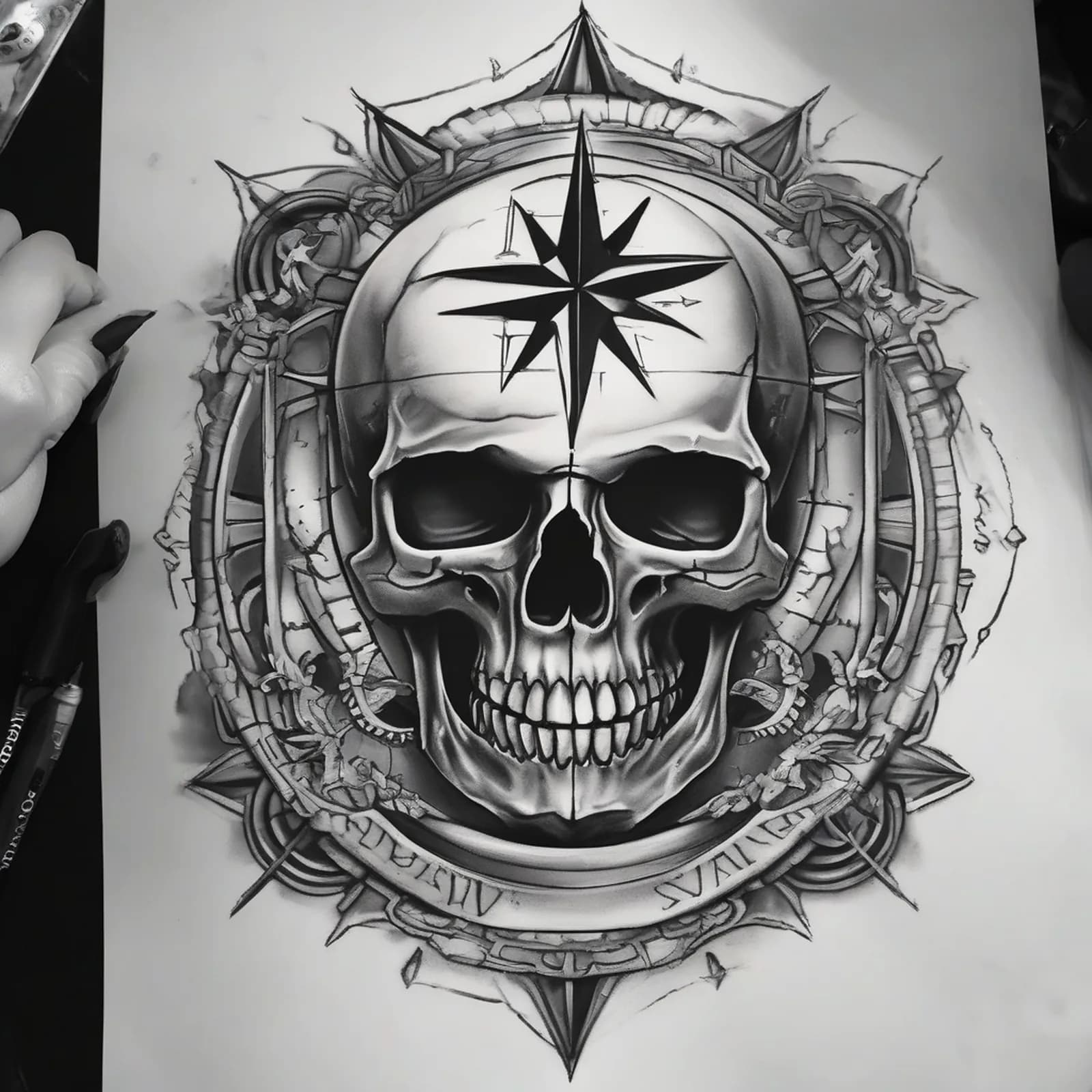 Compass And Skull tattoo design, alternative version 4