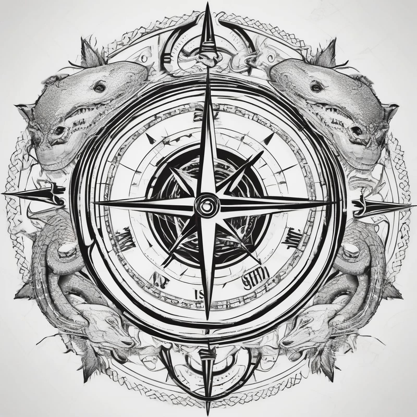 Compass And Snake tattoo design, alternative version 2