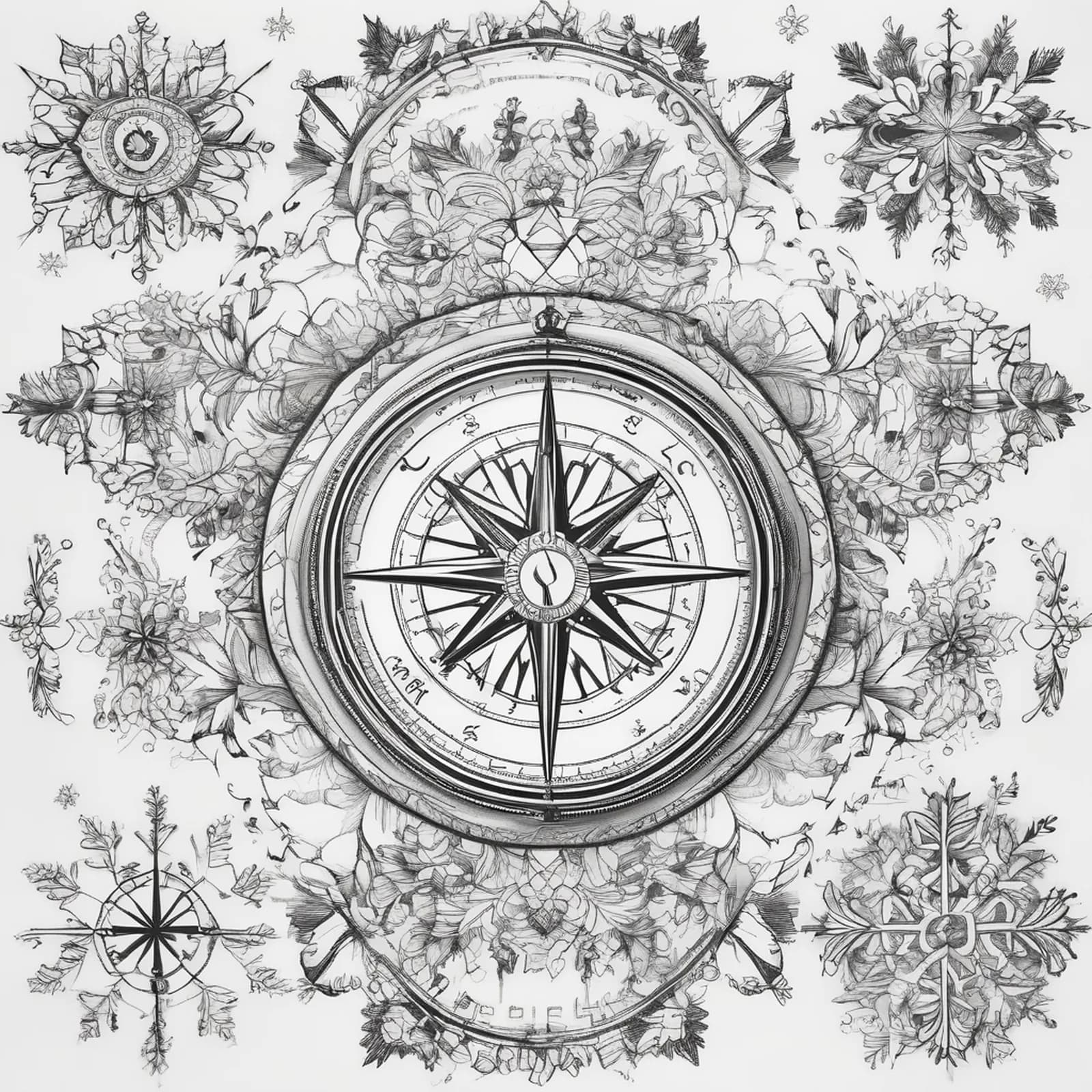 Compass And Snowflake tattoo design, alternative version 2