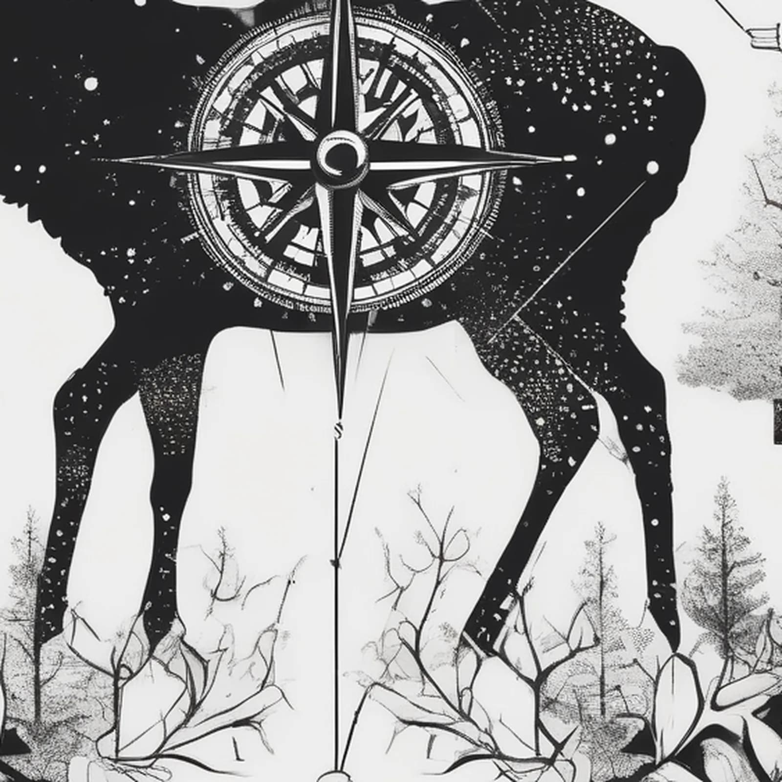 Compass And Stag tattoo design, close-up detail