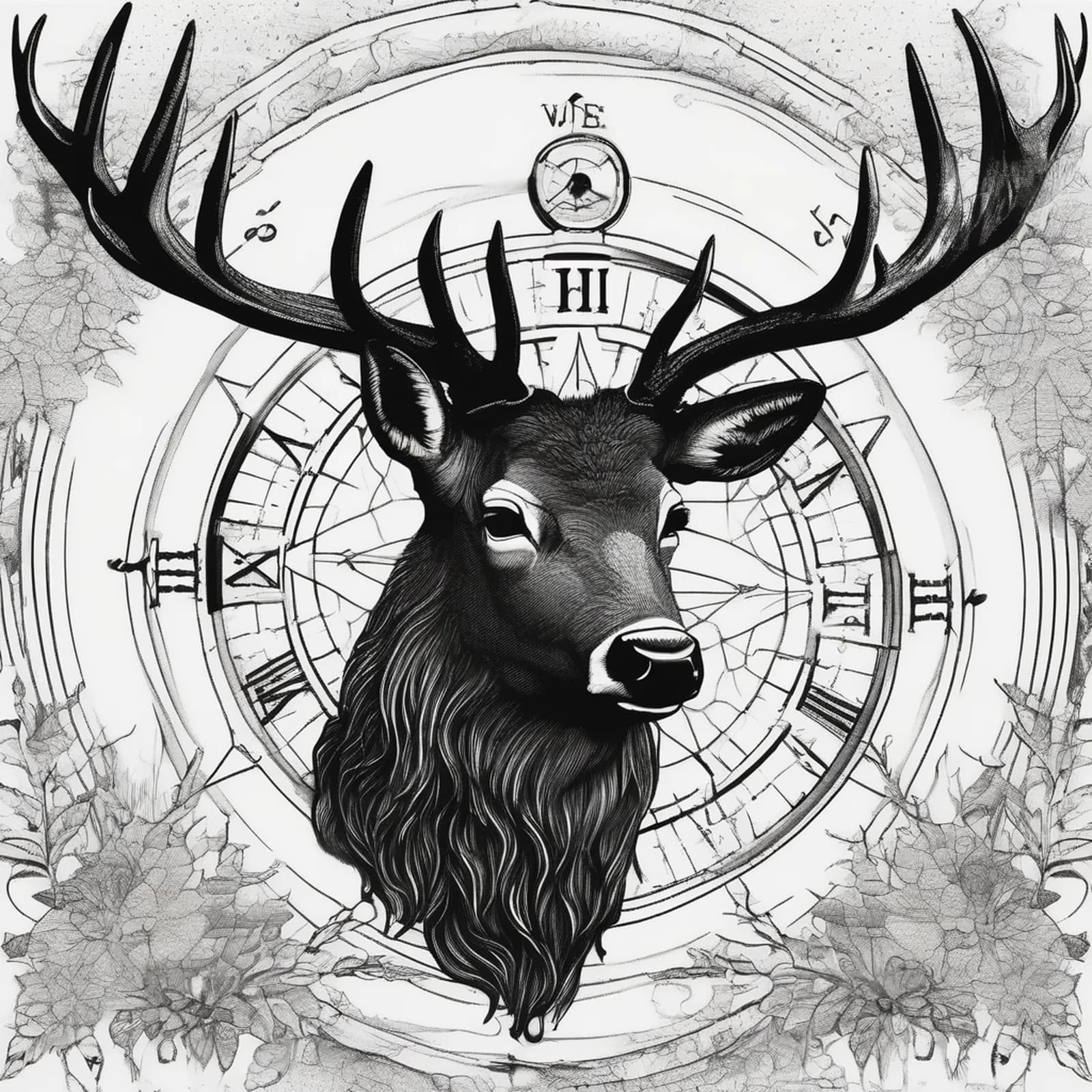 Compass And Stag tattoo design, alternative version 2