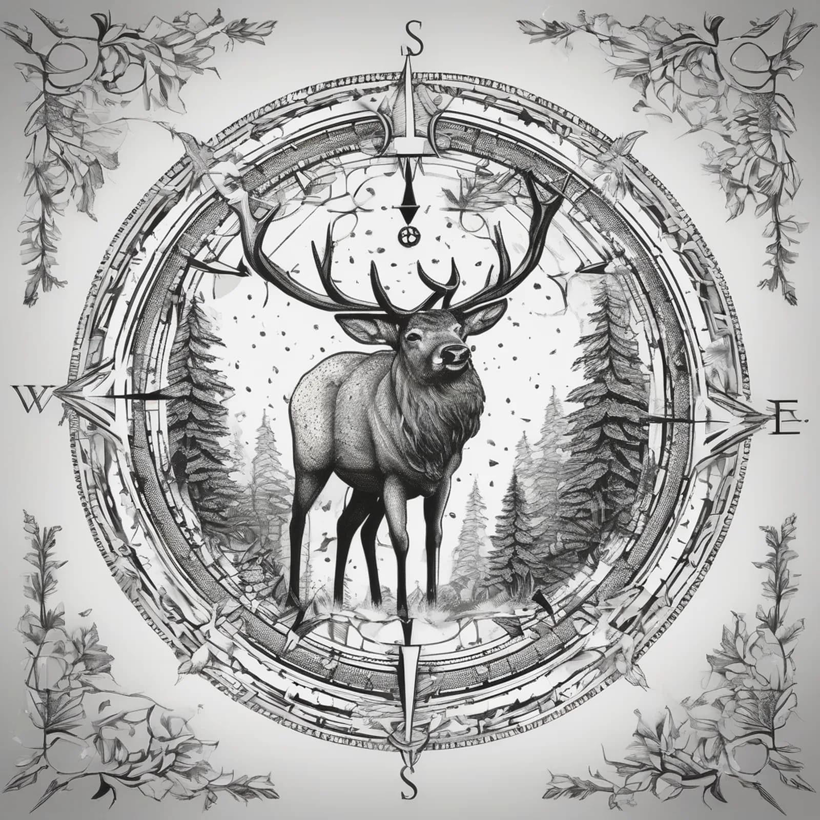 Compass And Stag tattoo design, alternative version 3