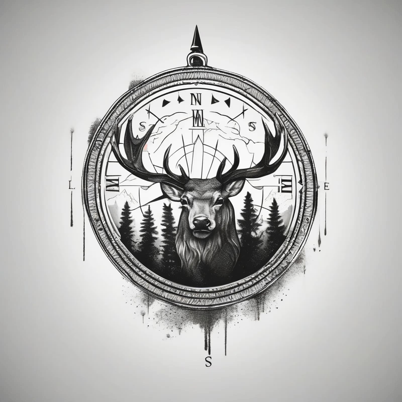 Compass And Stag tattoo design, alternative version 4