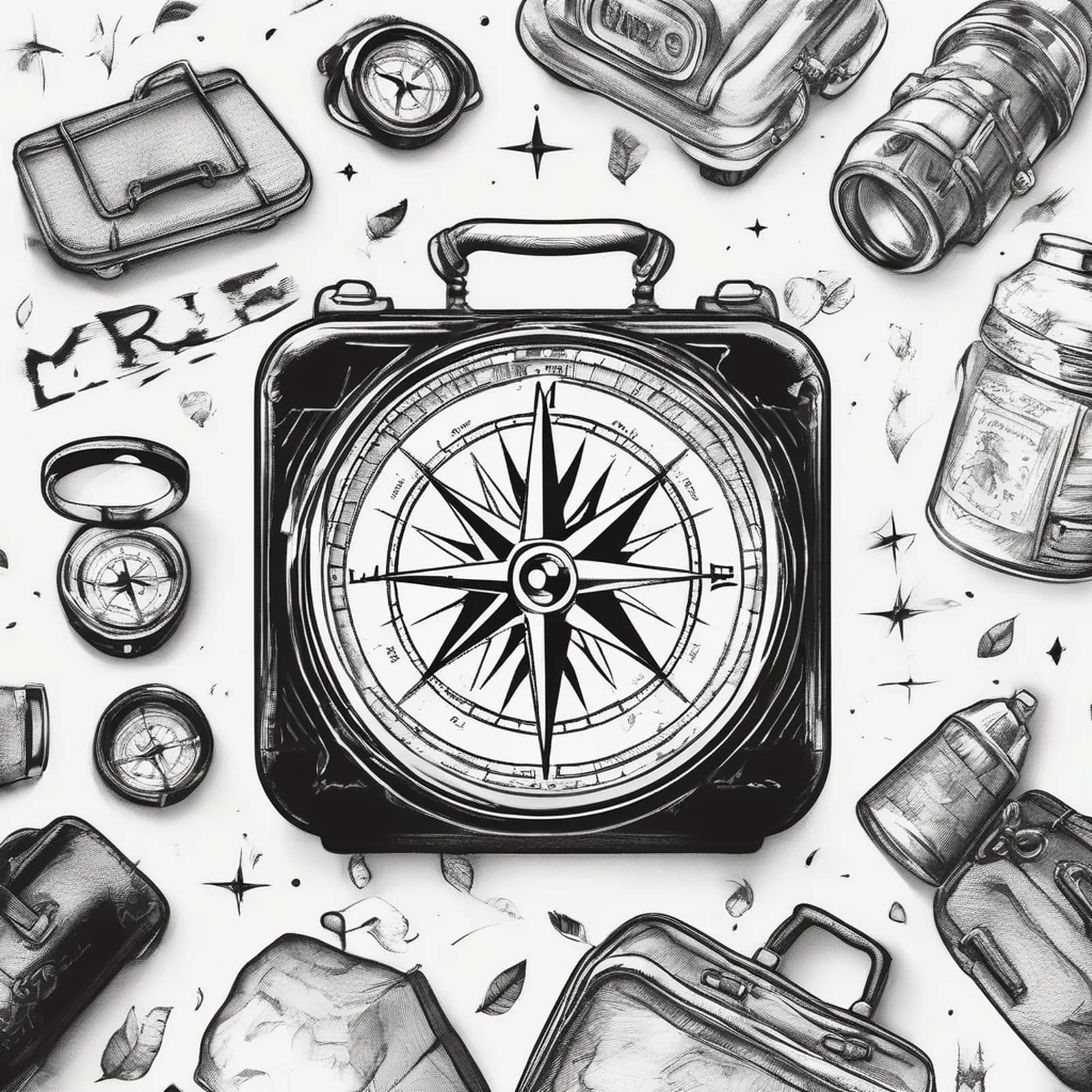Compass And Suitcase tattoo design, alternative version 2